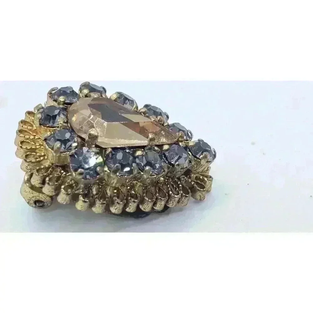 Vintage Earrings Clip Gold Filigree Topaz & Blue Rhinestone Drama Fancy Clip